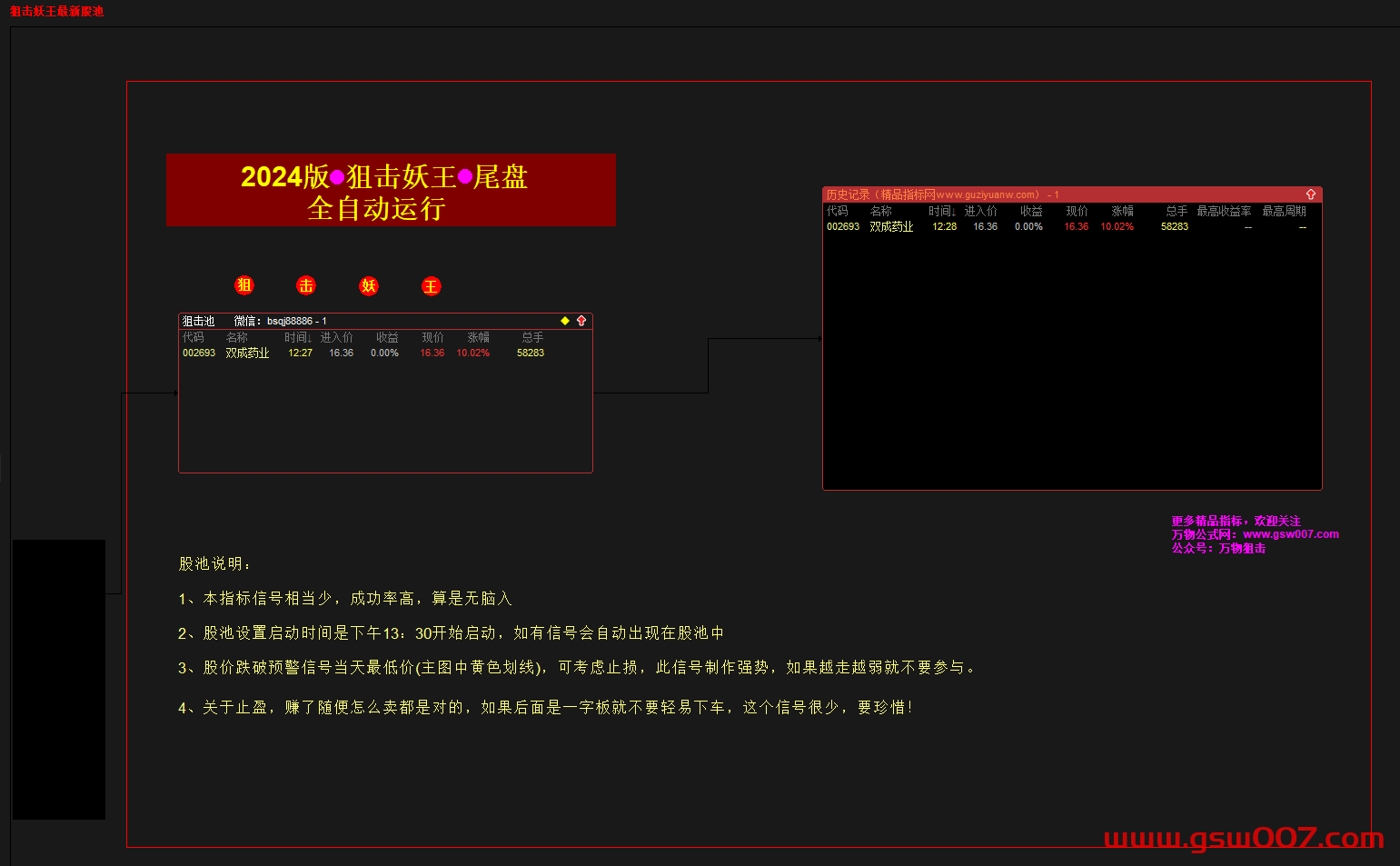 通达信精品指标【狙击妖王】主图幅图选股 信号少，24年100%成功，主抓妖股，开放源码，手机可用，送股池！